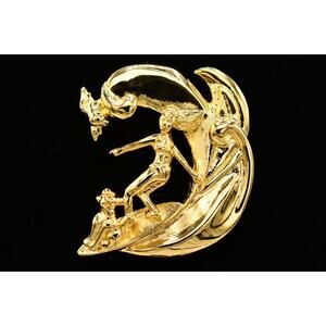 Duri Vintage Surf Dog Pin Brooch Surfer Girl Beach Wave Gold Signed 1980s BinA5